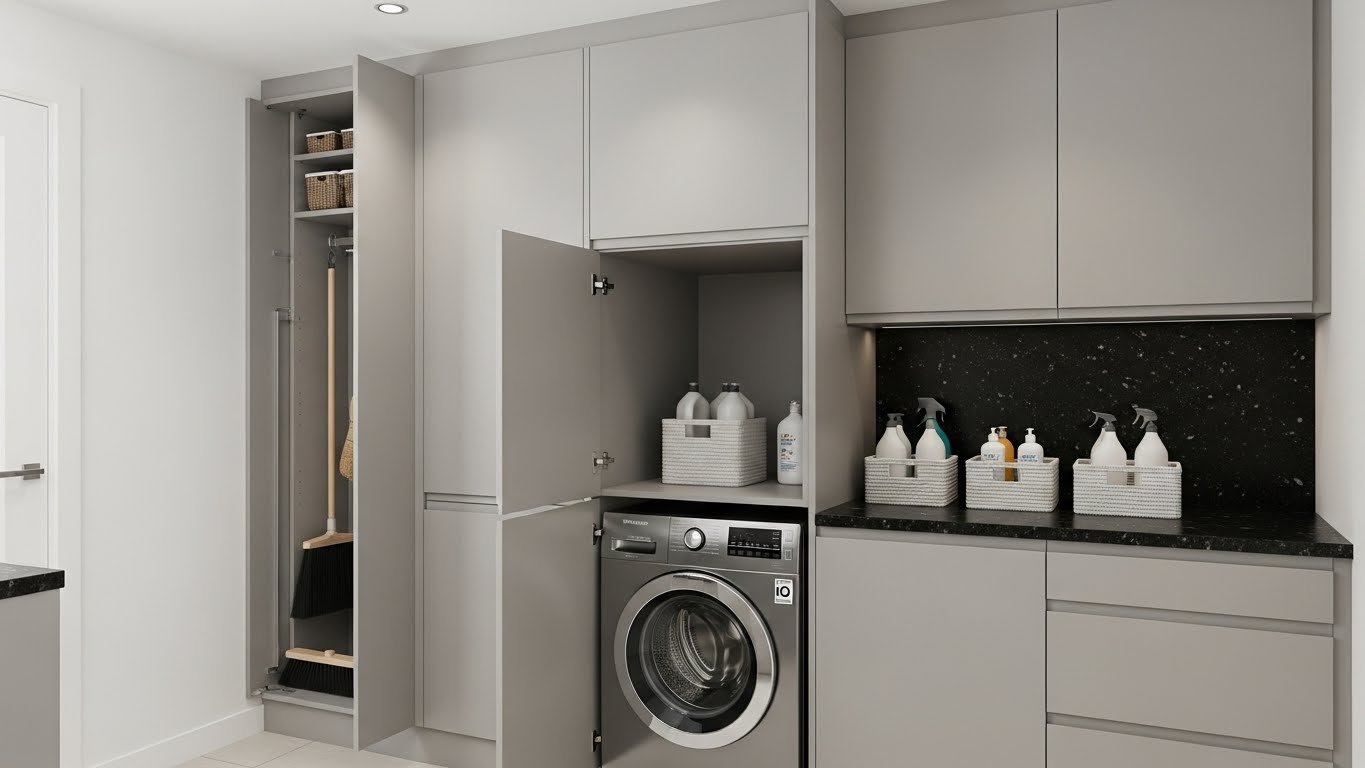 Lavanderia planejada cinza com armário vassoureiro embutido, máquina de lavar inox e bancada de pedra preta.