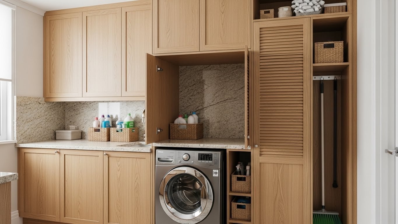 Lavanderia planejada com armários em madeira clara, bancada de granito bege, máquina de lavar inox embutida e armário com porta veneziana.