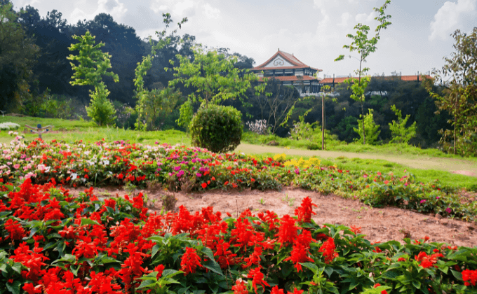 Jardim florido em Cotia, SP, com uma construção ao estilo oriental ao fundo, simbolizando a atenção ao detalhe e à natureza que a Zogbi Móveis Sob Medida leva a cada projeto.